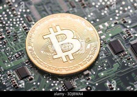 Pièce de monnaie en or Bitcoin sur la carte de circuit imprimé d'ordinateur verte Banque D'Images