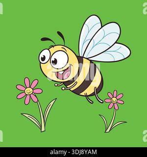 Mignon Cartoon Bee volant près de fleurs illustration vectorielle Illustration de Vecteur