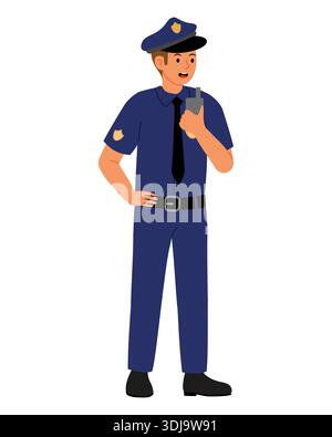 Onde radio de police. Un policier blanc envoie un message sur son talkie-walkie. Message radio sur le danger. Vecteur plat. Illustration de Vecteur