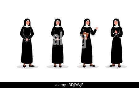 Les gestes religieux. Religieuses avec différents gestes de la main avec chapelets et une Bible. Vêtements de nonnes noires. Illustration avec jeu de nonnes Illustration de Vecteur