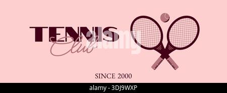 Logo du club de tennis. Lettrage TENNIS Club avec balle de tennis et deux raquettes de tennis croisées icône de couleur marron sur fond rose Illustration de Vecteur