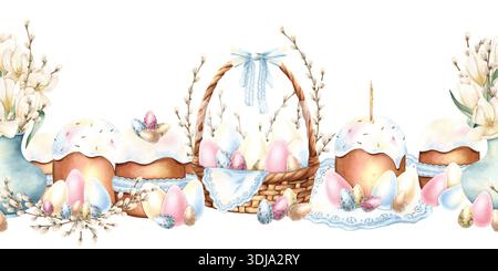 Aquarelle frontière sans couture de Pâques avec fleurs de printemps délicates, panier en osier, œufs colorés, branches de saule, gâteau avec bougie. Dentelle textile, pastel Banque D'Images