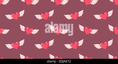 Motif Valentine sans couture dessiné à la main avec des coeurs ailés sur fond rose vintage. Imprimé vecteur amour romantique Illustration de Vecteur