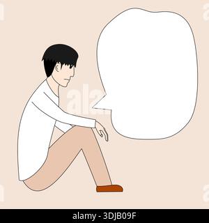 L'homme est assis par terre, la tête baissée. Il regarde, réfléchit et essaie de dire quelque chose Illustration de Vecteur