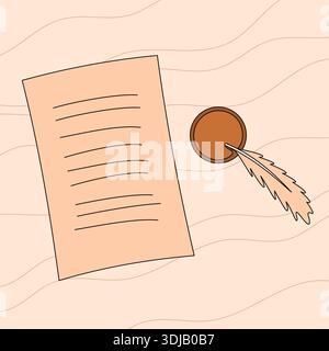 La plume repose sur une feuille de papier, l'encre restant humide. Le papier est rempli de mots, peut-être une lettre ou une note, et le stylo l'est Illustration de Vecteur