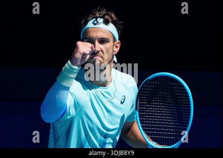 Melbourne, Australie. 26 janvier 2026. 5e Seed LORENZO MUSETTI d'Italie en action contre la 9e Seed TAYLOR FRITZ des États-Unis sur Rod laver Arena dans un match de 4e ronde en simple masculin le jour 9 de l'Open d'Australie 2026 à Melbourne, Australie. LORENZO MUSETTI a gagné 62 75 64. Sydney Low/Cal Sport Media(image crédit : © Sydney Low/Cal Sport Media). Crédit : csm/Alamy Live News Banque D'Images