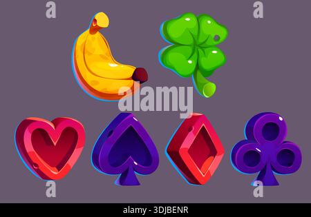 Icônes de machine à sous de casino définies isolées sur fond. Illustration vectorielle de bande dessinée de banane, trèfle, symboles de costume de carte, éléments de conception d'interface utilisateur de site de jeu en ligne, collection d'actifs de loterie chanceuse Illustration de Vecteur