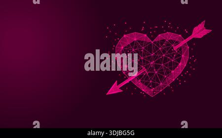 Cœur en fil de fer poly bas percé d'une flèche sur fond rose foncé. Illustration de Vecteur