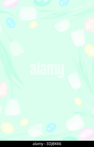 Fond vert menthe pastel bordé de tulipes blanches et d'œufs de Pâques colorés, idéal pour les cartes ou invitations sur le thème du printemps. Banque D'Images