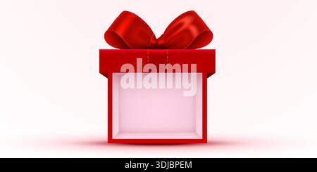 Boîte cadeau rouge vif ouverte avec un noeud luxueux, parfait pour les vacances et les occasions spéciales. Cette présentation élégante est idéale pour les promotions et les designs festifs. Illustration vectorielle Illustration de Vecteur