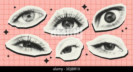 Ensemble d'yeux demi-teintes coupés en papier de style rétro Illustration de Vecteur
