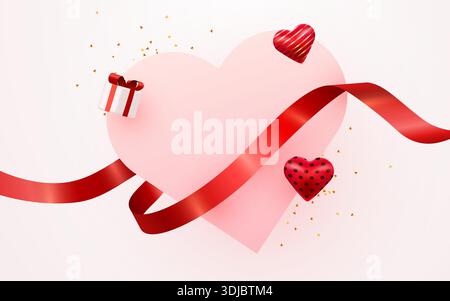 Doux fond de Saint-Valentin avec coeur, ruban et cadeau, idéal pour les célébrations romantiques. Illustration vectorielle. Illustration de Vecteur