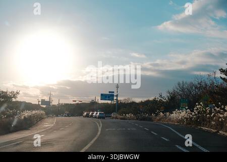 Route côtière tranquille sur l'île de Jeju, Corée du Sud, capturée en plein jour avec un ciel lumineux, une végétation en bord de route et un itinéraire de voyage ouvert. Banque D'Images