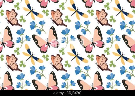 Modèle sans couture avec des papillons roses et des fleurs bleues. Papillon d'été. Illustration d'insecte de printemps. Beaux papillons tropicaux d'été dessinés à la main. FLA Illustration de Vecteur