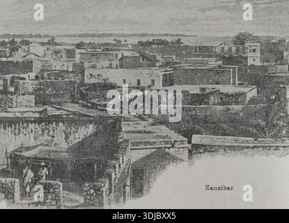 Zanzibar, Tanzanie. Vue sur la ville. Photogravure d'après une photographie de H. M. Stanley. 'La conquista de Africa' (la conquête de l'Afrique), par Alfredo Opisso. Volume III publié à Barcelone (Espagne) par Molinas y Maza Editores, 1911. Banque D'Images