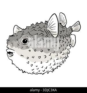 Fugu noir et blanc, illustration vectorielle de poisson-pufferfish diodon. Poisson-grenouille ou porc-épic rond pour les conceptions nautiques sous-marines et la plongée Illustration de Vecteur