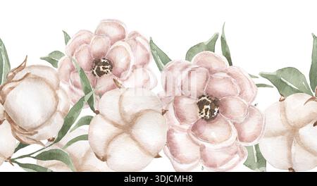 Coton aquarelle et bordure sans couture pivoine rose, illustration de cadre floral délicat Banque D'Images