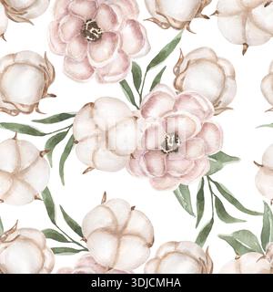 Coton aquarelle et motif sans couture de pivoine rose, délicat papier floral répétitif Banque D'Images