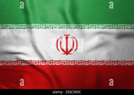 Drapeau national de l'Iran avec des bandes rouges blanches vertes et emblème rouge. Photo de haute qualité Banque D'Images
