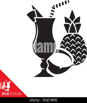 Icône de vecteur cocktail Pina Colada, noix de coco et ananas pour la journée Piña Colada le 10 juillet Illustration de Vecteur