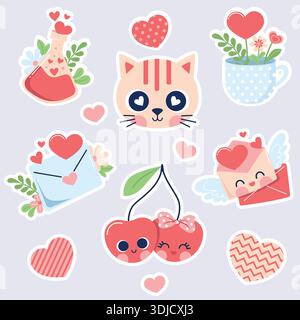 Ensemble d'autocollants vectoriels Cute Valentine s Day avec des personnages adorables et des symboles d'amour Illustration de Vecteur