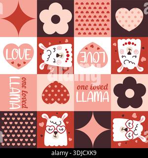 Motif vectoriel sans couture Cute Llama Valentines Day Illustration de Vecteur