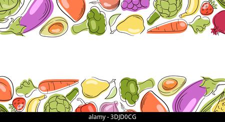 Illustration de bordure de fruits et légumes dans un style plat sur fond blanc. Conception de cadre de nourriture fraîche avec centre vide pour le menu, l'emballage, l'affiche et Illustration de Vecteur