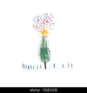 Un arbre du nouvel an dessiné au crayon par la main d'un enfant. Banque D'Images