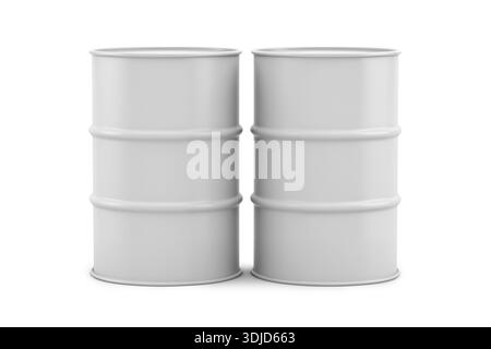 rendu 3d de deux barils en métal blanc isolés sur fond blanc. Conteneurs industriels pour huile ou produits chimiques. Banque D'Images