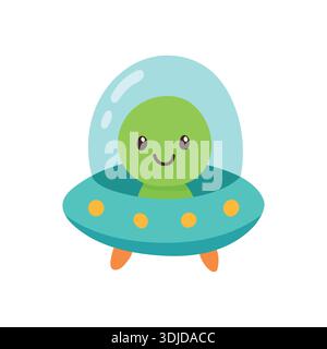 Extraterrestre souriant volant un vaisseau spatial OVNI, idéal pour les dessins animés de science-fiction, les affiches d'aventure spatiale et les illustrations d'imagination des enfants Illustration de Vecteur