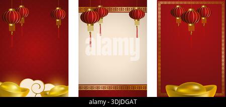 Ensemble de trois bannières verticales du nouvel an chinois avec lanternes rouges, lingots d'or et bordures décoratives traditionnelles. Illustration de Vecteur