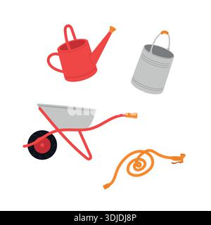 Outils de jardinage. Seau, arrosoir, brouette, tuyau d'arrosage, outils pour chalets et jardinage. Illustration vectorielle plate. Illustration de Vecteur