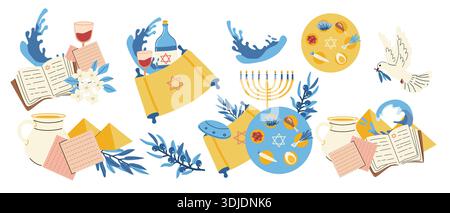Happy passover Elements, cliparts Set. Illustration vectorielle dans le style plat de dessin animé. Fête juive de l'Exode Egypte, compositions pour cartes, bannières, pass Illustration de Vecteur