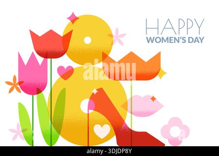 Illustration vectorielle de superposition plate avec fleurs de tulipe en fleur de printemps, talons et numéro huit. Design for Womens Day 8 mars invitation ou carte de voeux, Illustration de Vecteur