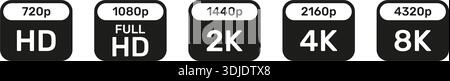 Collection de symboles de qualité HD, Full HD, 2K, 4K et 8K. Icônes de résolution vidéo dans Silhouette Set. Multimédia et utilisation de la technologie. Icônes de définition de la qualité HD Illustration de Vecteur
