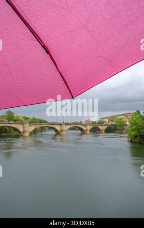 Vue de jour de pluie sur l'Èbre et le Puente de Piedra à Logrono, la Rioja, Espagne, avec un parapluie rose au premier plan et ciel couvert Banque D'Images