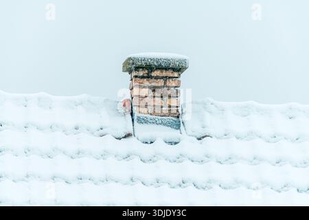 Cheminée en brique enneigée sur le toit contre ciel d'hiver pâle, foyer sélectif Banque D'Images
