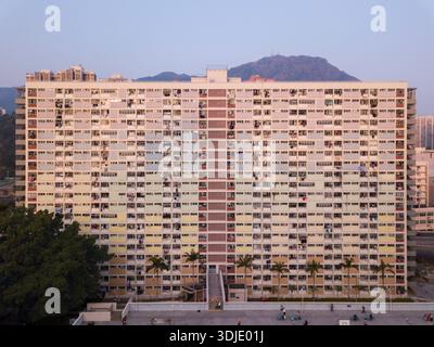 Vue aérienne des teintes pastel envoûtantes des imposants blocs résidentiels de Choi Hung Estate sous un ciel dégagé, Hong Kong, Hong Kong. Banque D'Images