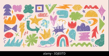 Formes abstraites ludiques dessinées à la main, silhouettes, griffonnages avec texture crayon. Mignon symbole naïf, squiggles, élément géométrique coloré pour enfants, figure contemporaine Jeu de vecteurs d'autocollants de conception d'enfants Illustration de Vecteur