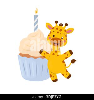 Un bébé girafe mignon est assis à côté d'un cupcake bleu avec une bougie. Cette illustration vectorielle plate présente des couleurs pastel délicates et des ombres douces. Suitabl Illustration de Vecteur