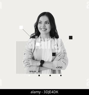 Femme professionnelle se tient en toute confiance avec les bras croisés dans un design de collage moderne Banque D'Images