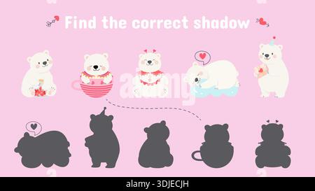 Les enfants jouent avec les ours polaires de la Saint-Valentin. Trouvez l'ombre, l'ours et les ombres corrects. Personnages romantiques drôles d'animaux sauvages, modèle vectoriel Illustration de Vecteur