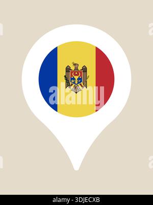 Drapeau de Moldavie avec des armoiries à l'intérieur d'une icône d'épingle blanche représentant l'emplacement national, le voyage et la géographie. Illustration de Vecteur