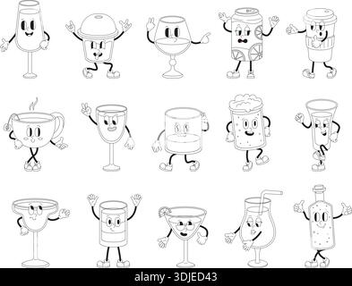 Drôles de personnages de boissons. Cocktail de caractère groovy, canette de soda, tasse de café à emporter, tasse de thé. Boissons alcoolisées non alcoolisées. Coloriage de dessins animés Illustration de Vecteur