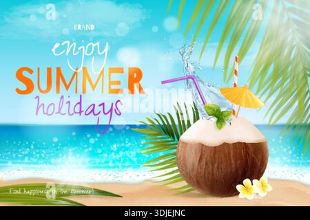 Affiche cocktail noix de coco. Boisson réaliste de noix de coco sur la plage de la mer thaïlande ou île paradisiaque d'hawaï, noix de coco jus frais avec paille 3d tropical voyage d'été illustration vectorielle illustration originale Illustration de Vecteur