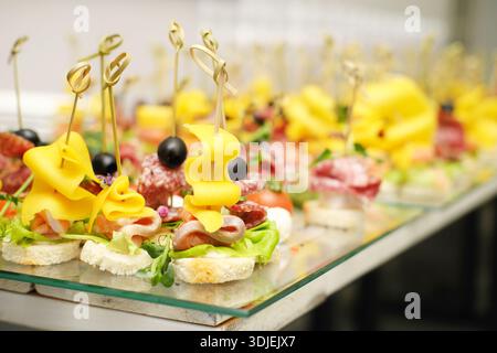 Hors-d'œuvre gastronomique magnifiquement disposés sur un plateau en verre, avec des fromages, des viandes et des garnitures vibrants, créant une atmosphère accueillante pour les cateri Banque D'Images