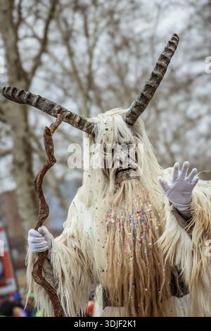 Zug, Suisse - 1er mars 2025 : une personne en costume de bête à fourrure Tschaggatta avec un masque en bois à cornes lors d'un défilé Fasnacht du carnaval d'hiver suisse Banque D'Images