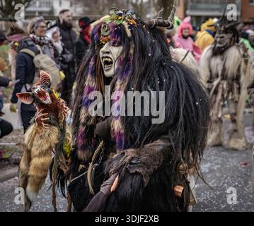 Zug, Suisse - 1er mars 2025 : une personne en costume de bête à fourrure Tschaggatta avec un masque en bois à cornes lors d'un défilé Fasnacht du carnaval d'hiver suisse Banque D'Images