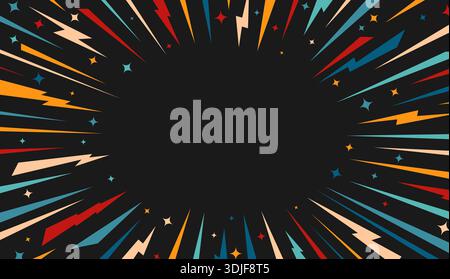 Fond de cadre Comic Lightning Burst avec rayons dynamiques, étoiles, étincelles sur le centre sombre. Bordure énergétique rétro Pop Art. Espace de copie pour affiches, bannières publicitaires, Creative Manga Design. Illustration vectorielle Illustration de Vecteur
