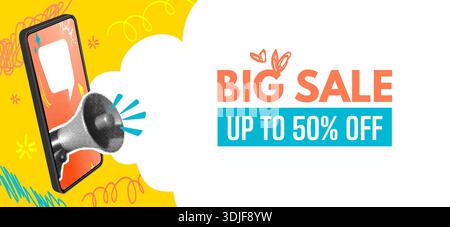 Grande bannière de promotion de vente avec smartphone Megaphone, Pop Art Doodles et Cloud Shape. Modèle moderne de publicité E commerce pour les campagnes d'achat et de marketing en ligne. Illustration vectorielle Illustration de Vecteur